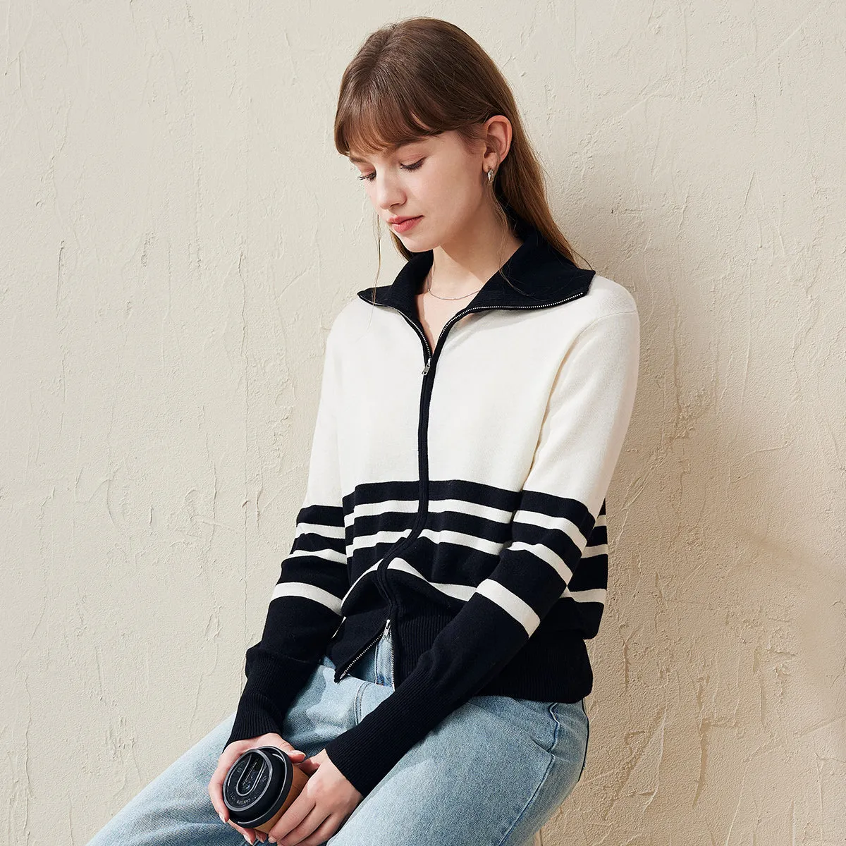 100% Wool Stylish Striped Zip-Up Cardigan