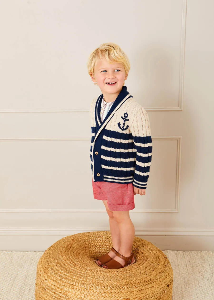 Anchor Motif Striped Cable Knit Cardigan in Navy (2-10yrs)