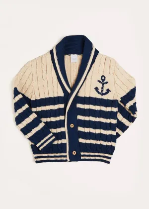 Anchor Motif Striped Cable Knit Cardigan in Navy (2-10yrs)