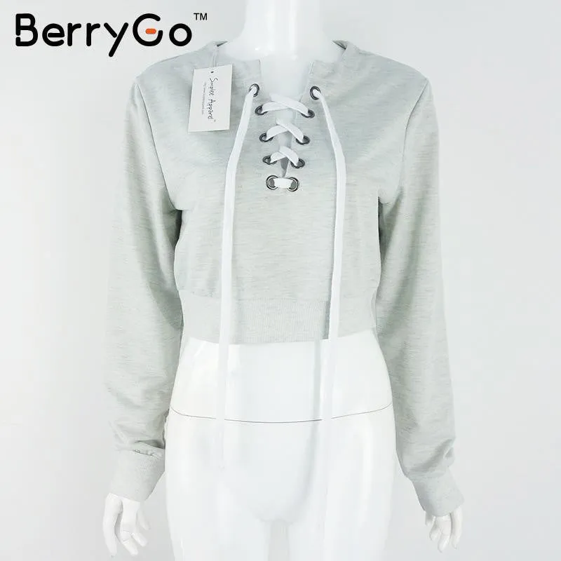 BerryGo Gray lace up ladies sweatshirt women Autumn crop top long sleeve girl v neck hoodies sweatshirt warm casual female tops