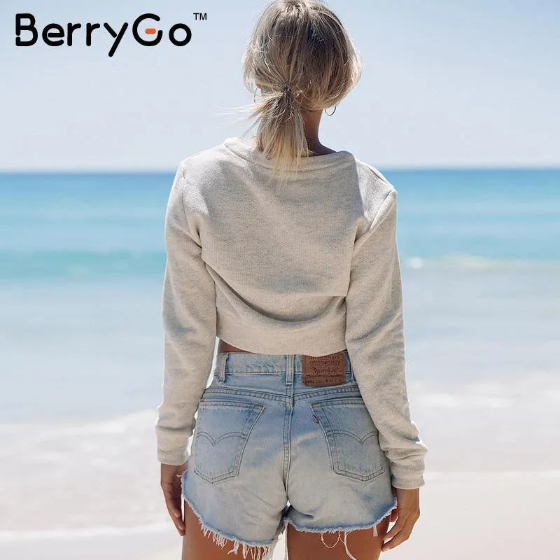 BerryGo Gray lace up ladies sweatshirt women Autumn crop top long sleeve girl v neck hoodies sweatshirt warm casual female tops