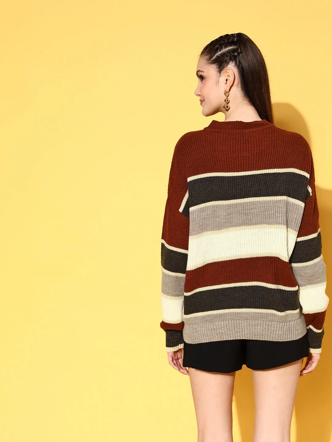 Berrylush Women Brown & Maroon Striped Print Round Neck Acrylic Ribbed Hem Regular Pullover