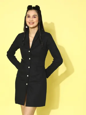 Berrylush Women Solid Black V-Neck Cutout Cotton Straight Hem Mini Blazer Dress