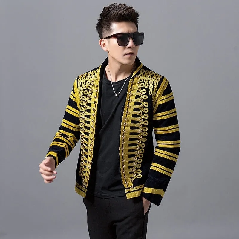 Black and Gold Court Style Men Dress Blazers for Stage Performer