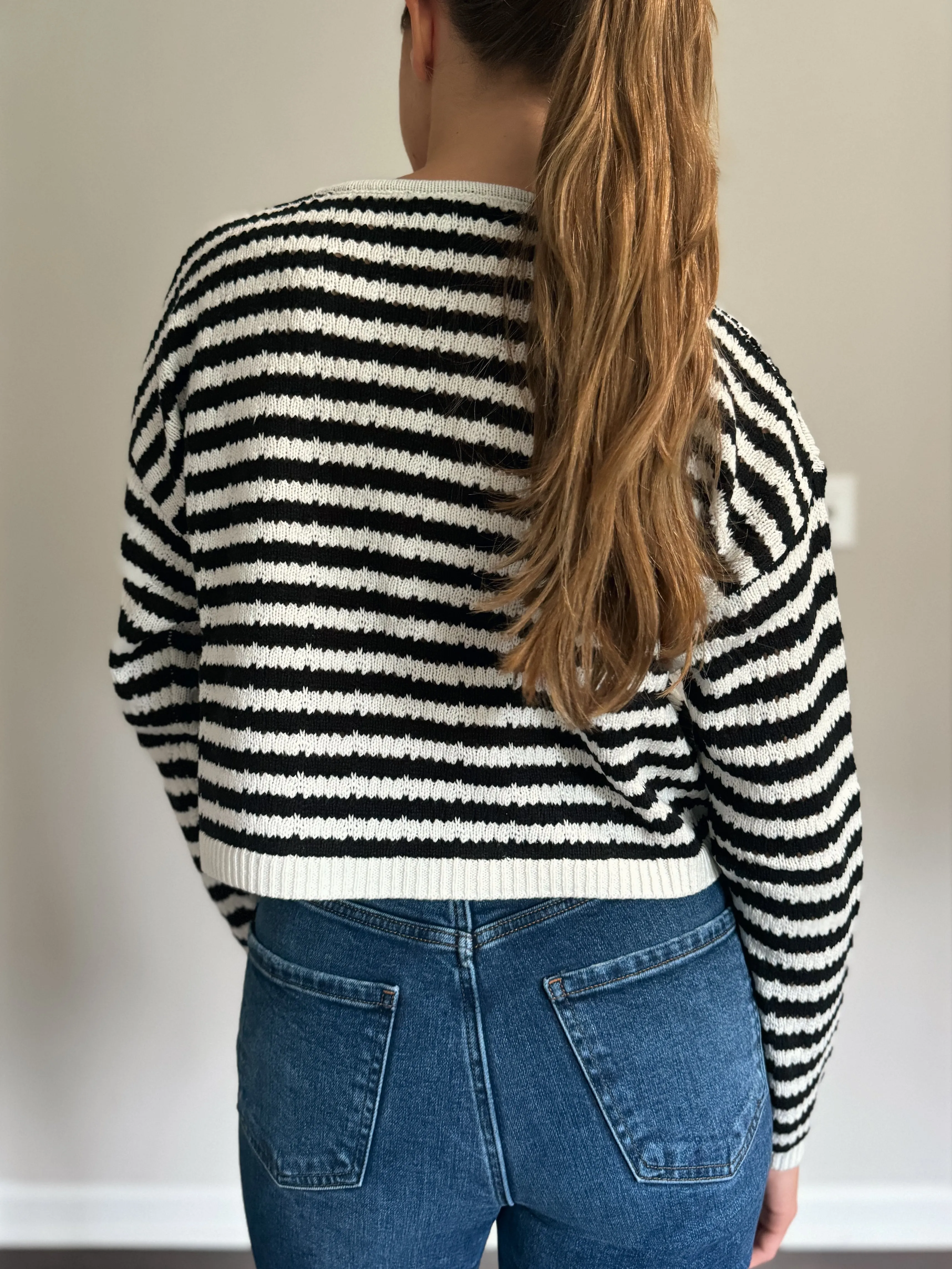 Black and White Striped Knitted Cardigan