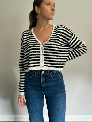 Black and White Striped Knitted Cardigan