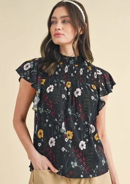 Black Floral Smocked Detail Top