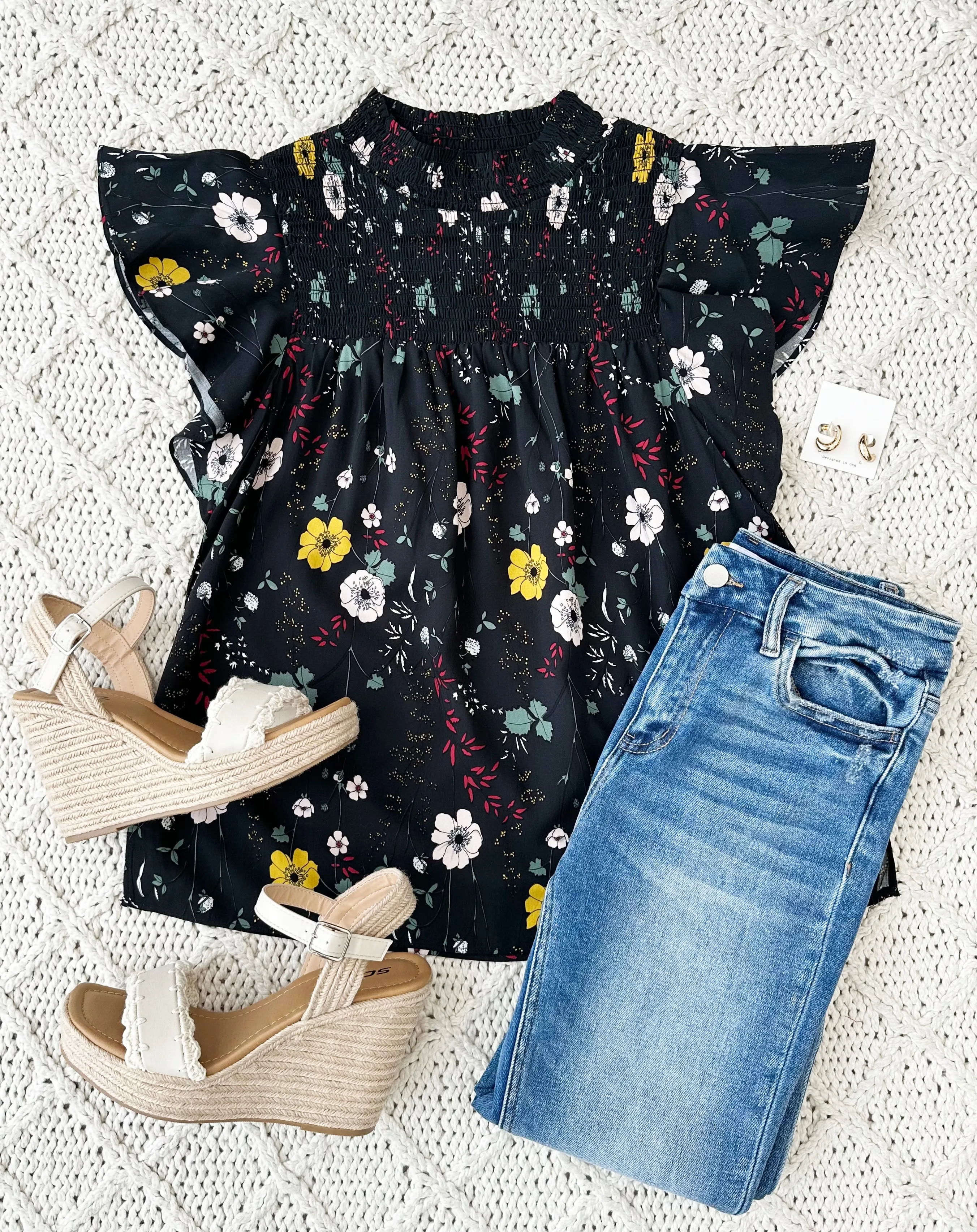 Black Floral Smocked Detail Top