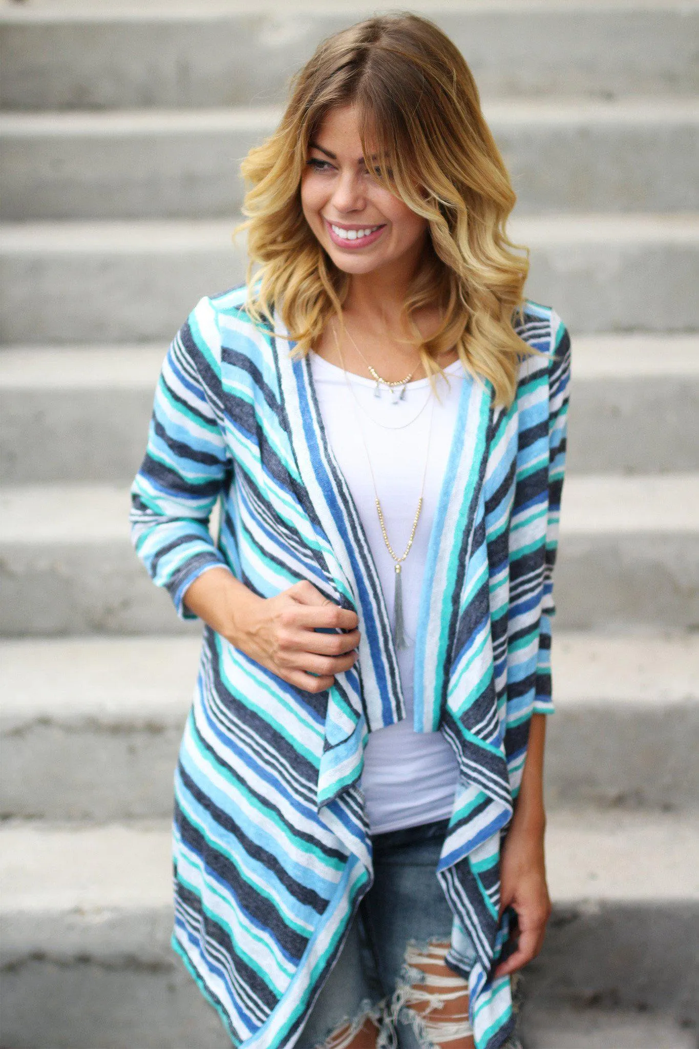 Blue and Green Striped Cardigan