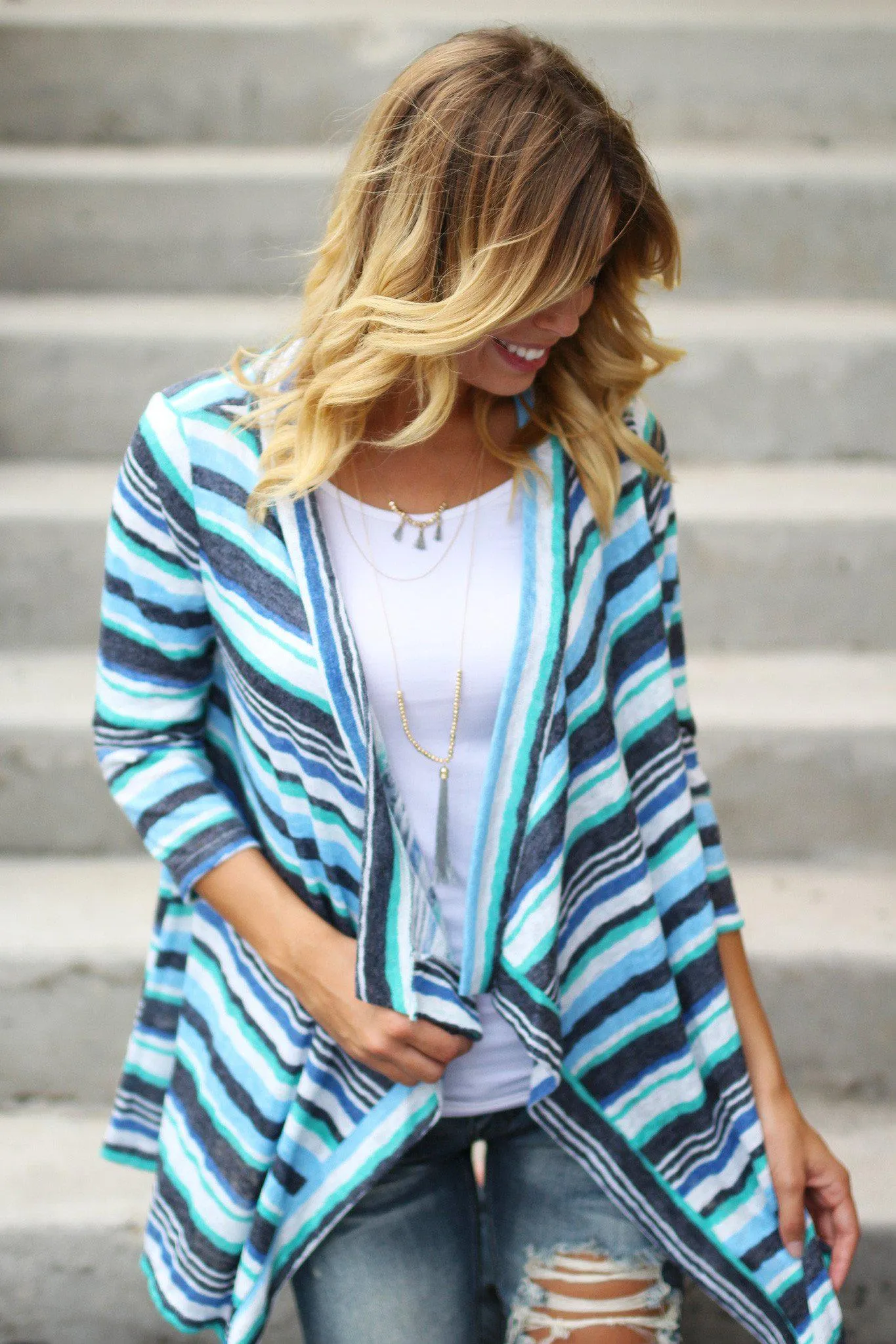 Blue and Green Striped Cardigan