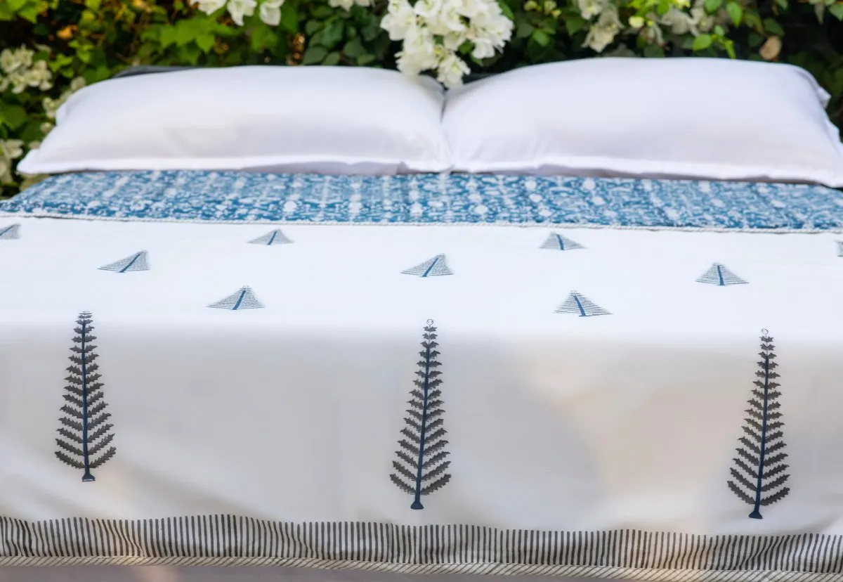 Blue Handprinted Cotton Light Coverlet