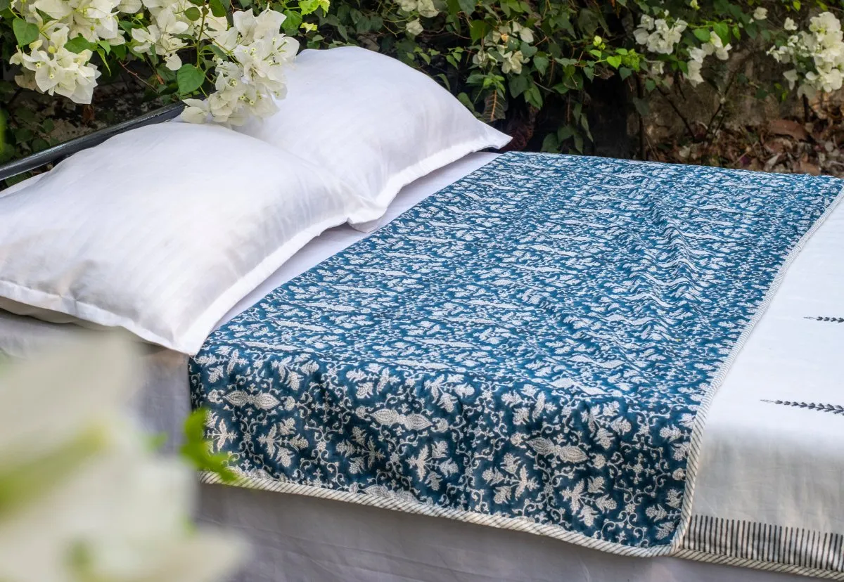 Blue Handprinted Cotton Light Coverlet