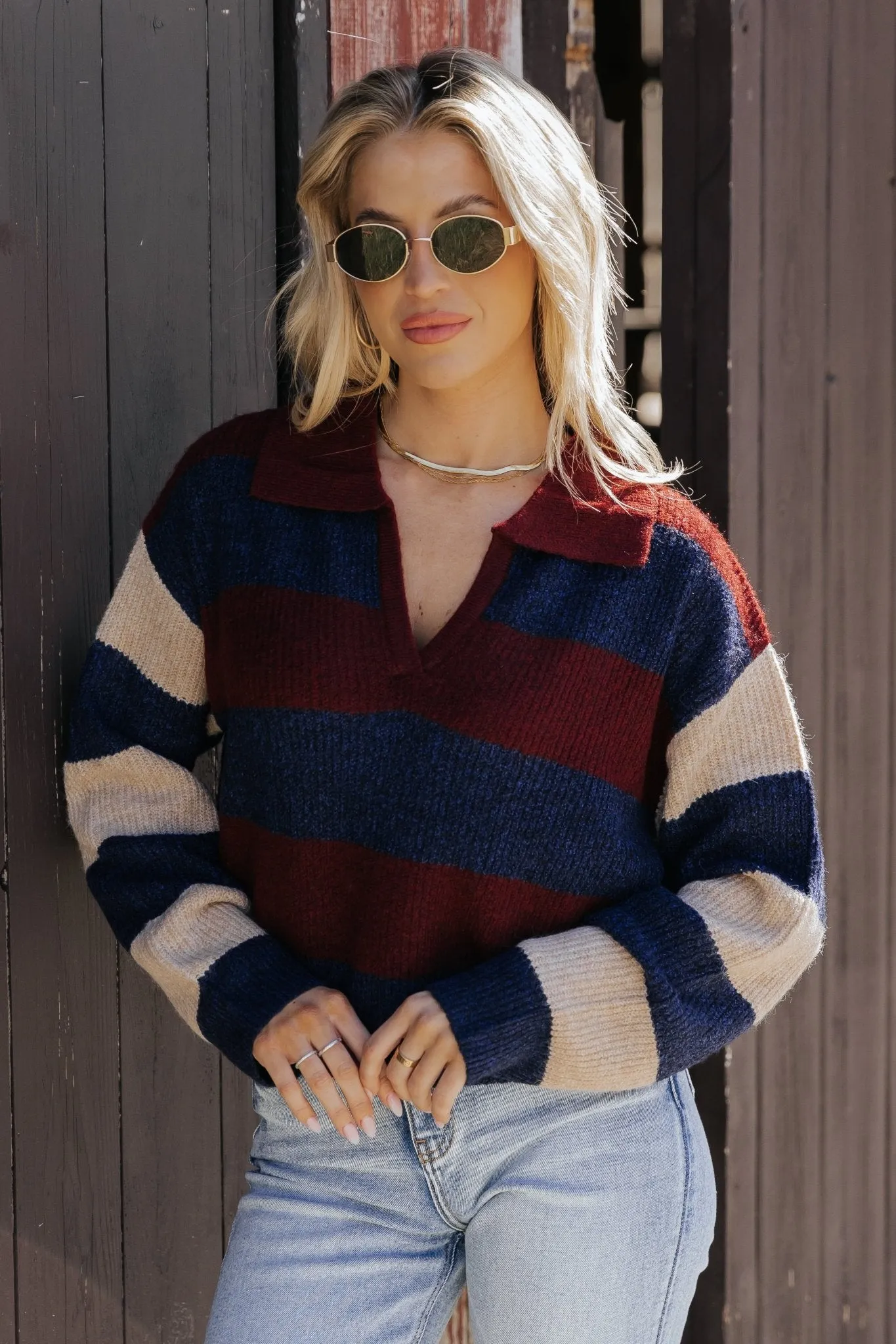 Burgundy Multi Striped Pullover Sweater - DOORBUSTER