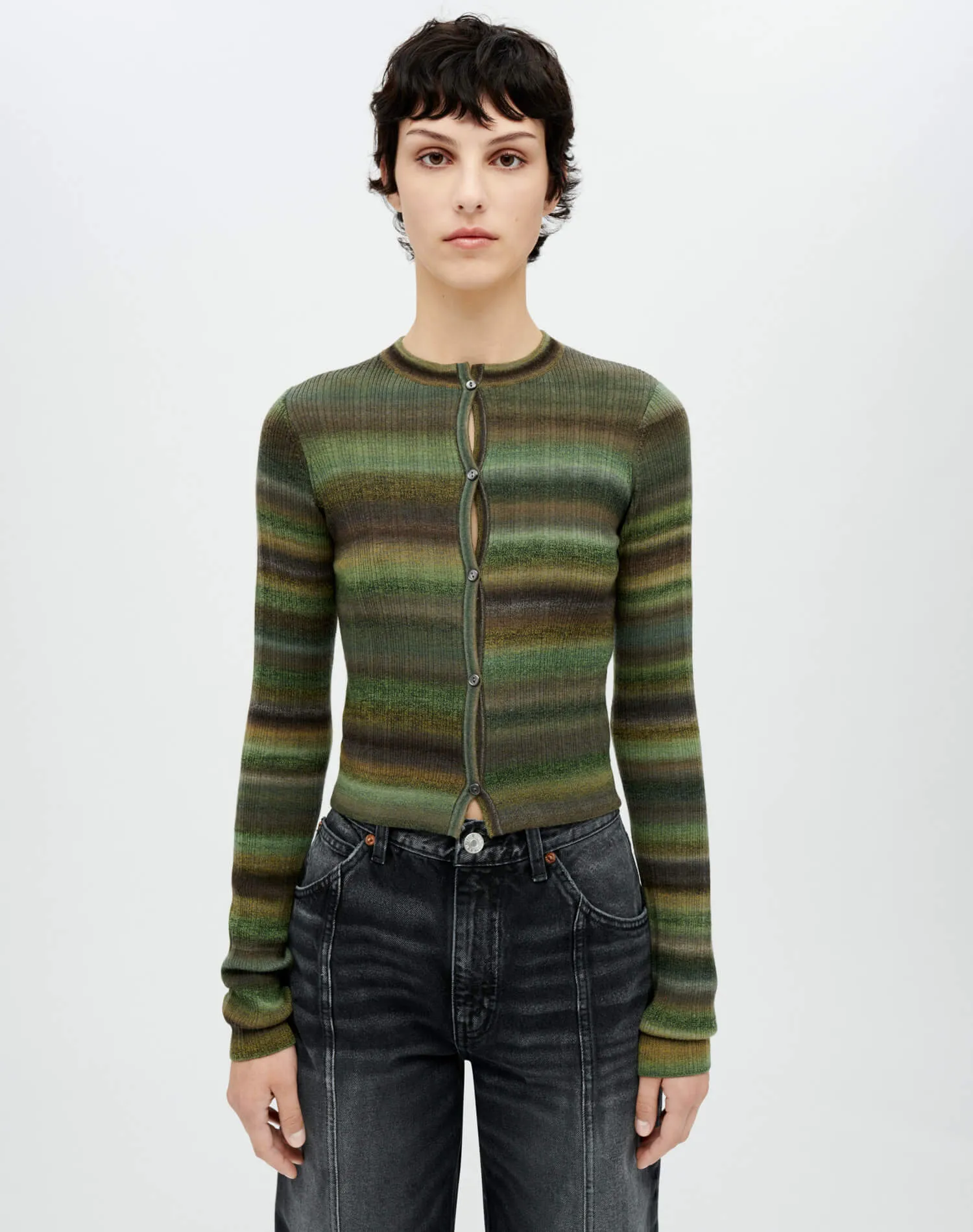 Button Front Cardigan - Green Space Dye