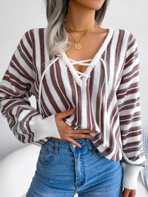 Casual Color Contrast Stripe Tie Lantern Sleeve Pullover Sweater