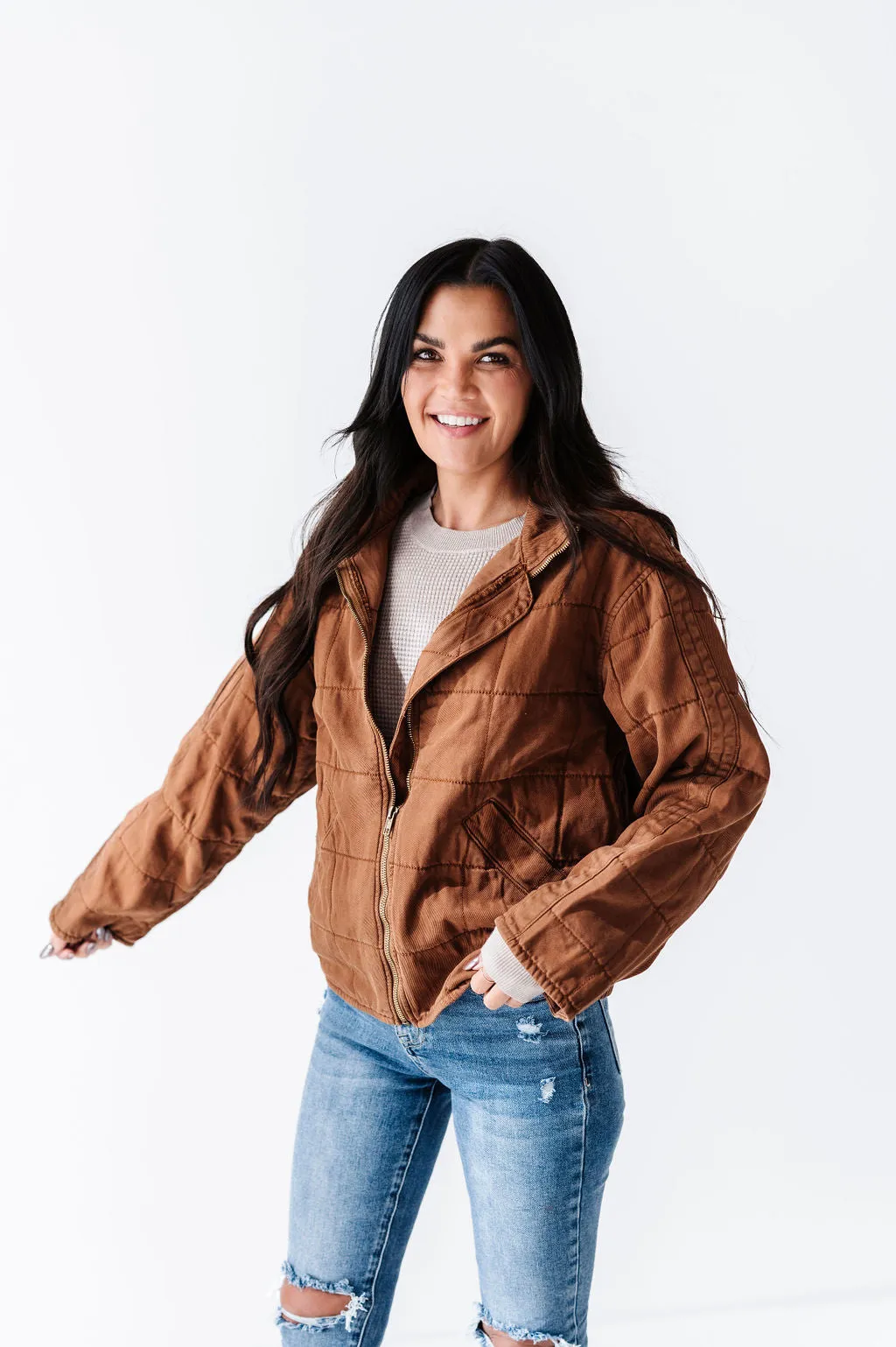 Cece Quilted Denim Jacket in Mocha - Size Small Left