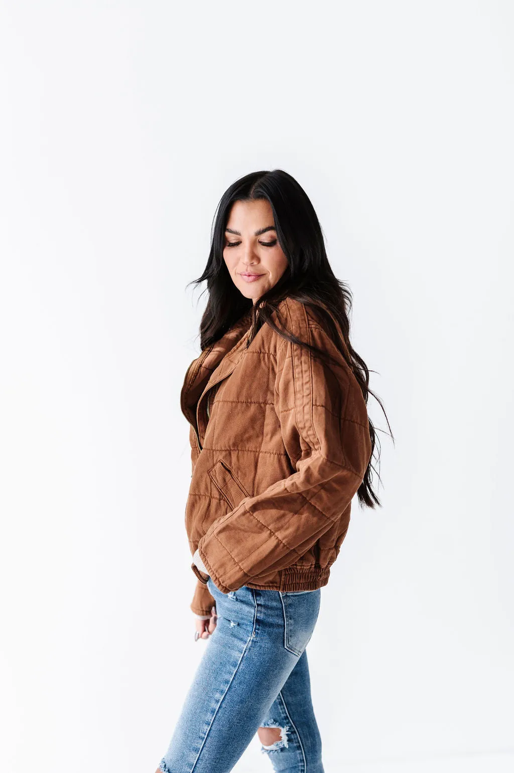 Cece Quilted Denim Jacket in Mocha - Size Small Left