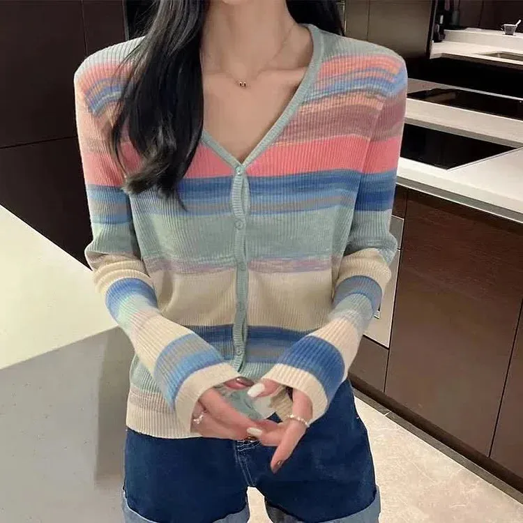 Chic V-Neck Rainbow Striped Colorblock Cardigan Shirt