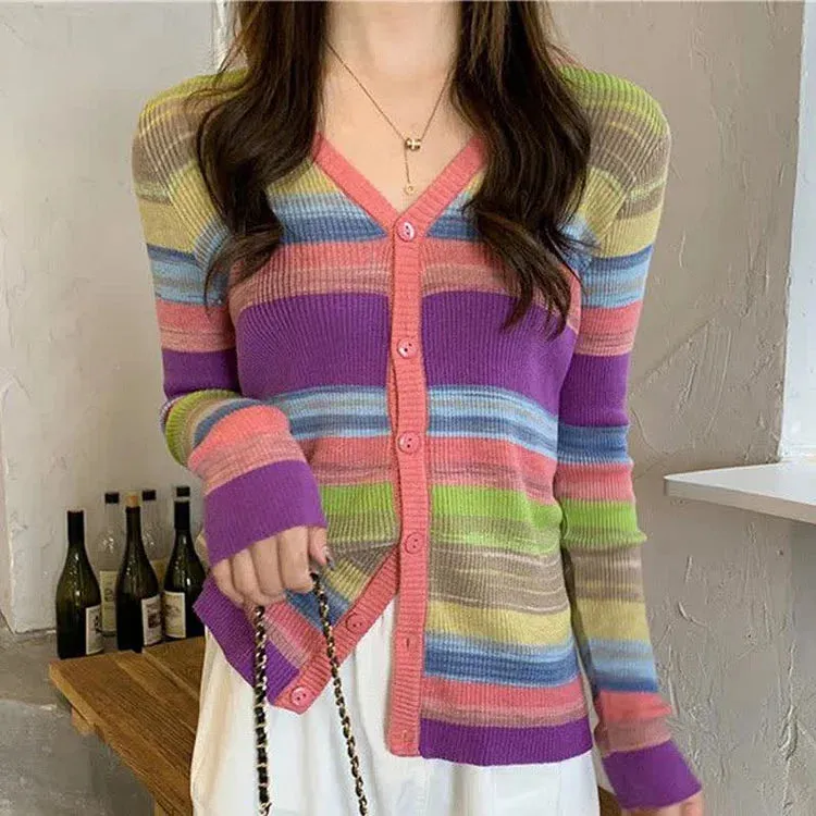 Chic V-Neck Rainbow Striped Colorblock Cardigan Shirt