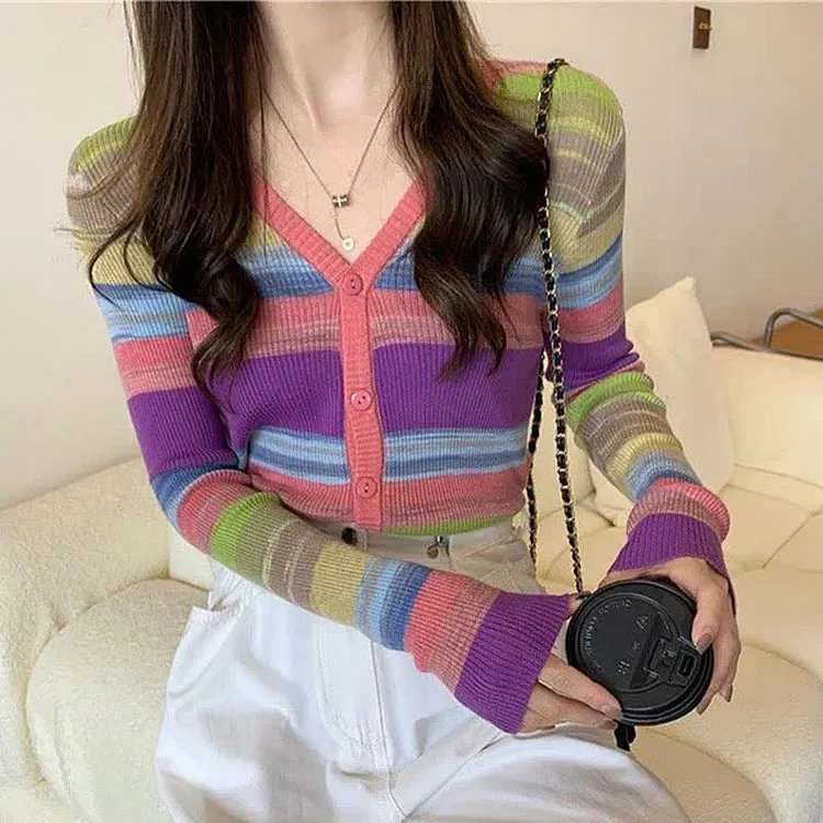 Chic V-Neck Rainbow Striped Colorblock Cardigan Shirt