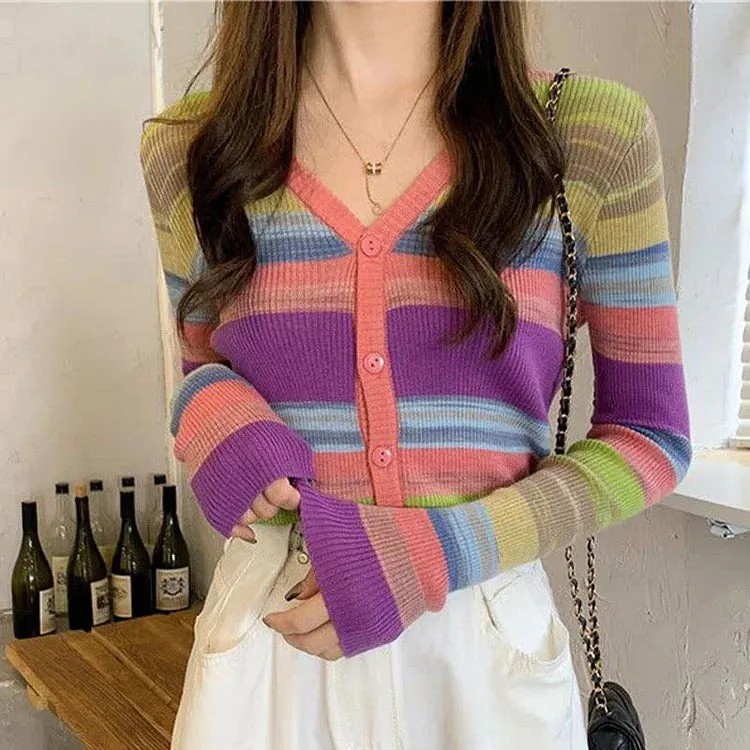 Chic V-Neck Rainbow Striped Colorblock Cardigan Shirt