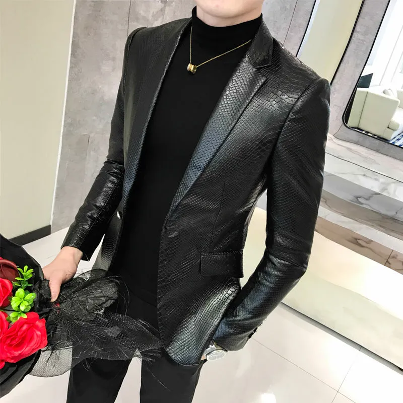 Classic Black Single Button Snake Skin Pattern Cool Men Blazer