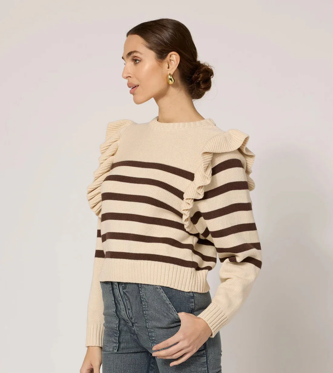 CLE Blair Ruffle Stripe Sweater in Cream & Brown