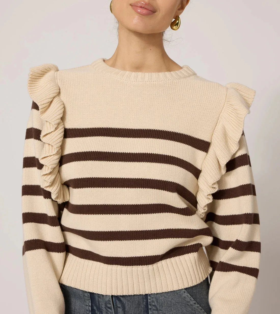 CLE Blair Ruffle Stripe Sweater in Cream & Brown