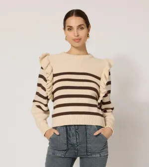 CLE Blair Ruffle Stripe Sweater in Cream & Brown