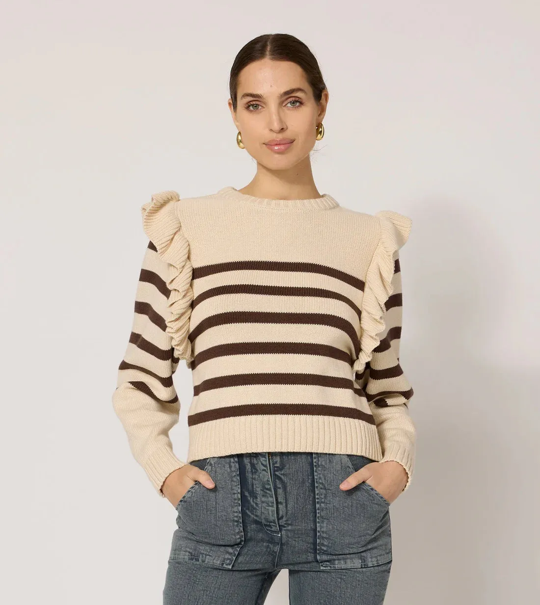 CLE Blair Ruffle Stripe Sweater in Cream & Brown