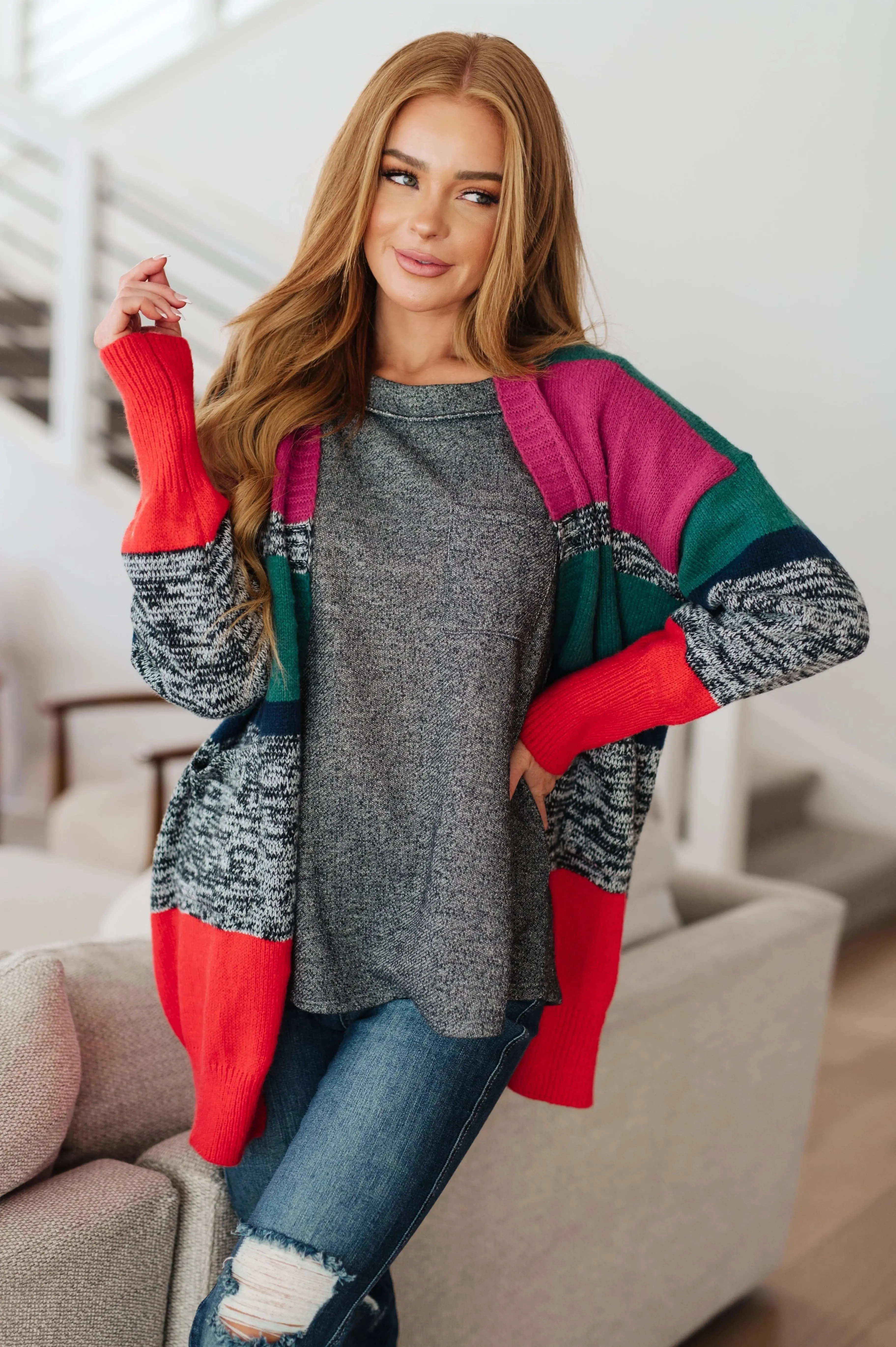 Color Block Striped Open Cardigan