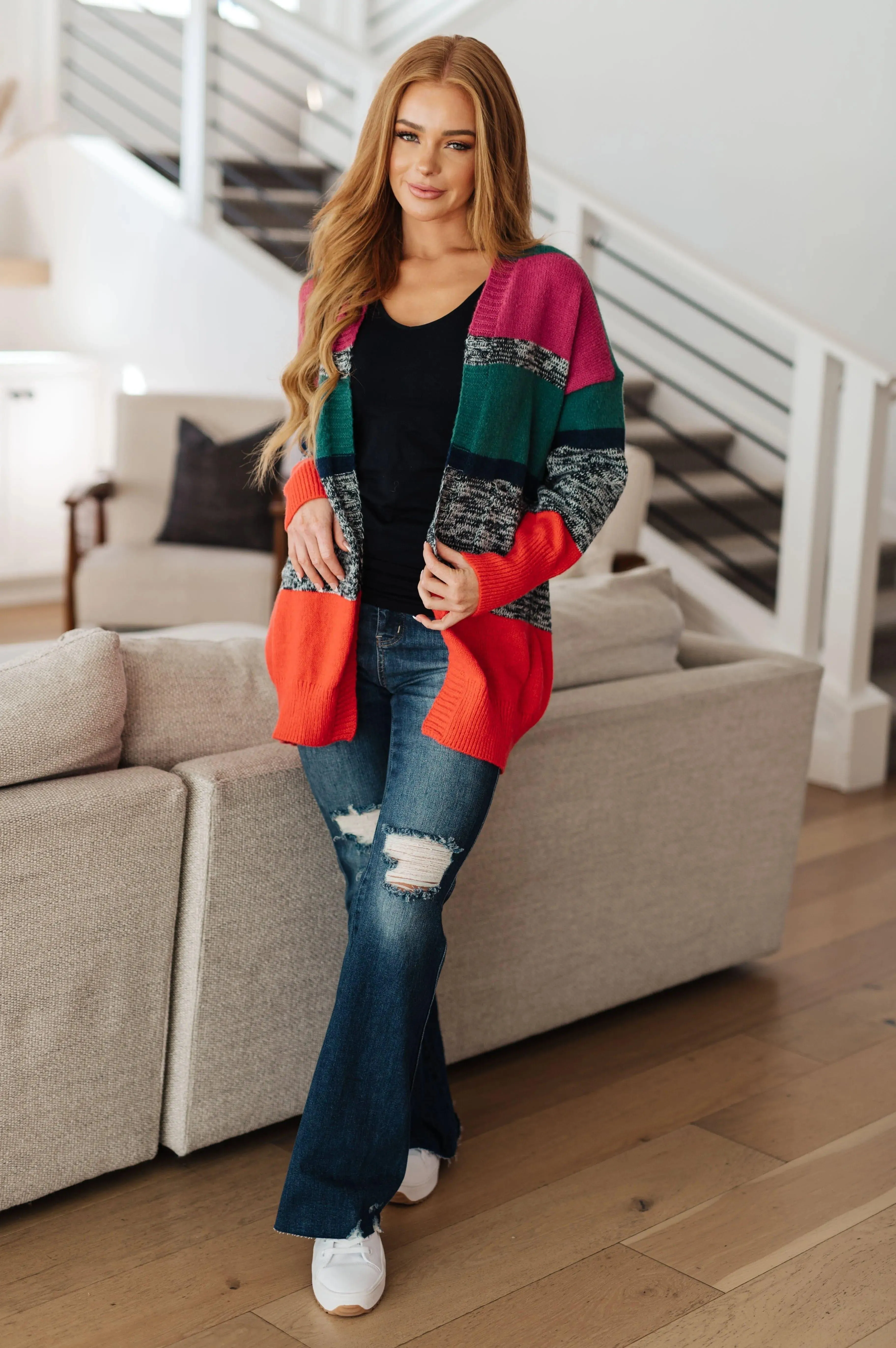 Color Block Striped Open Cardigan