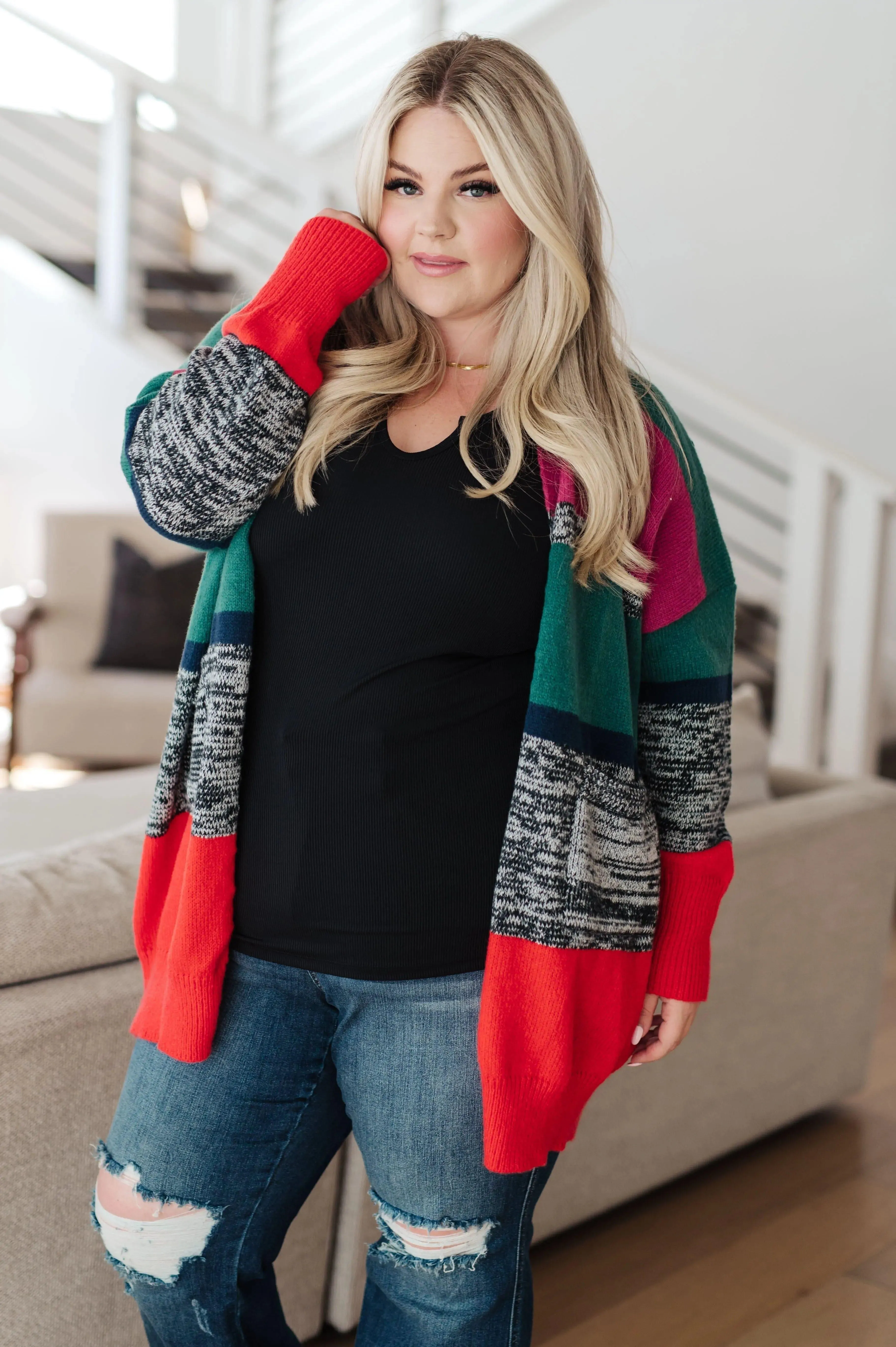 Color Block Striped Open Cardigan