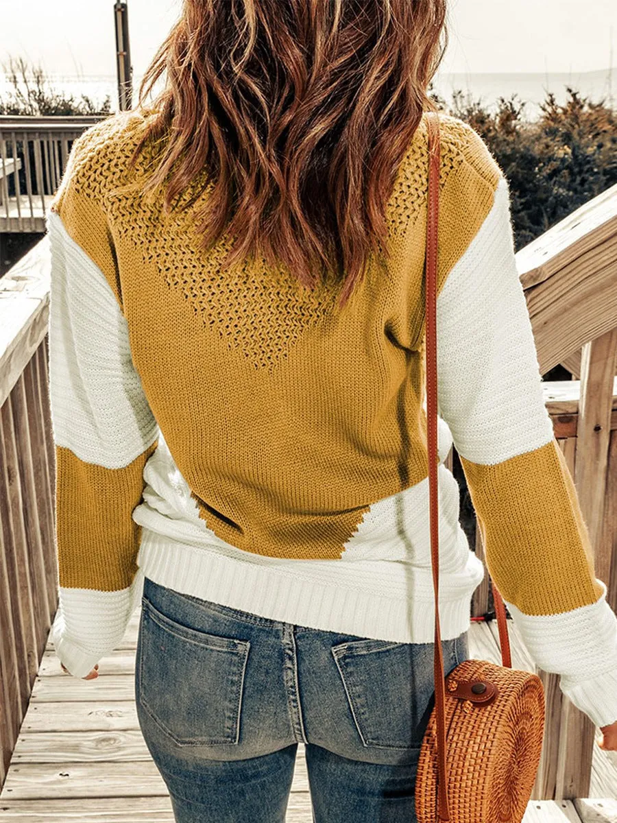 Contrast Color Pullover Round Neck Long Sleeve Top