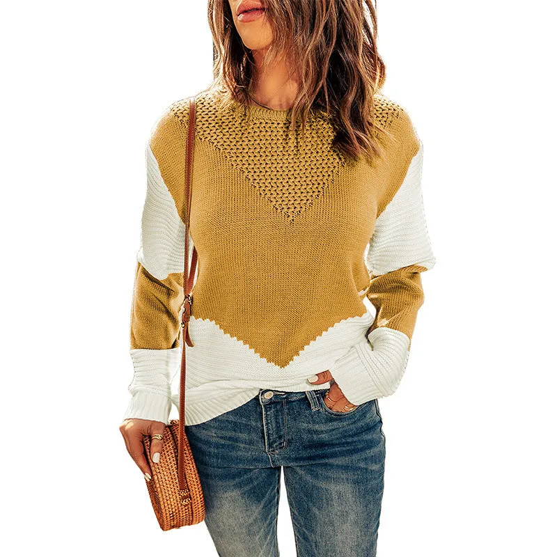 Contrast Color Pullover Round Neck Long Sleeve Top