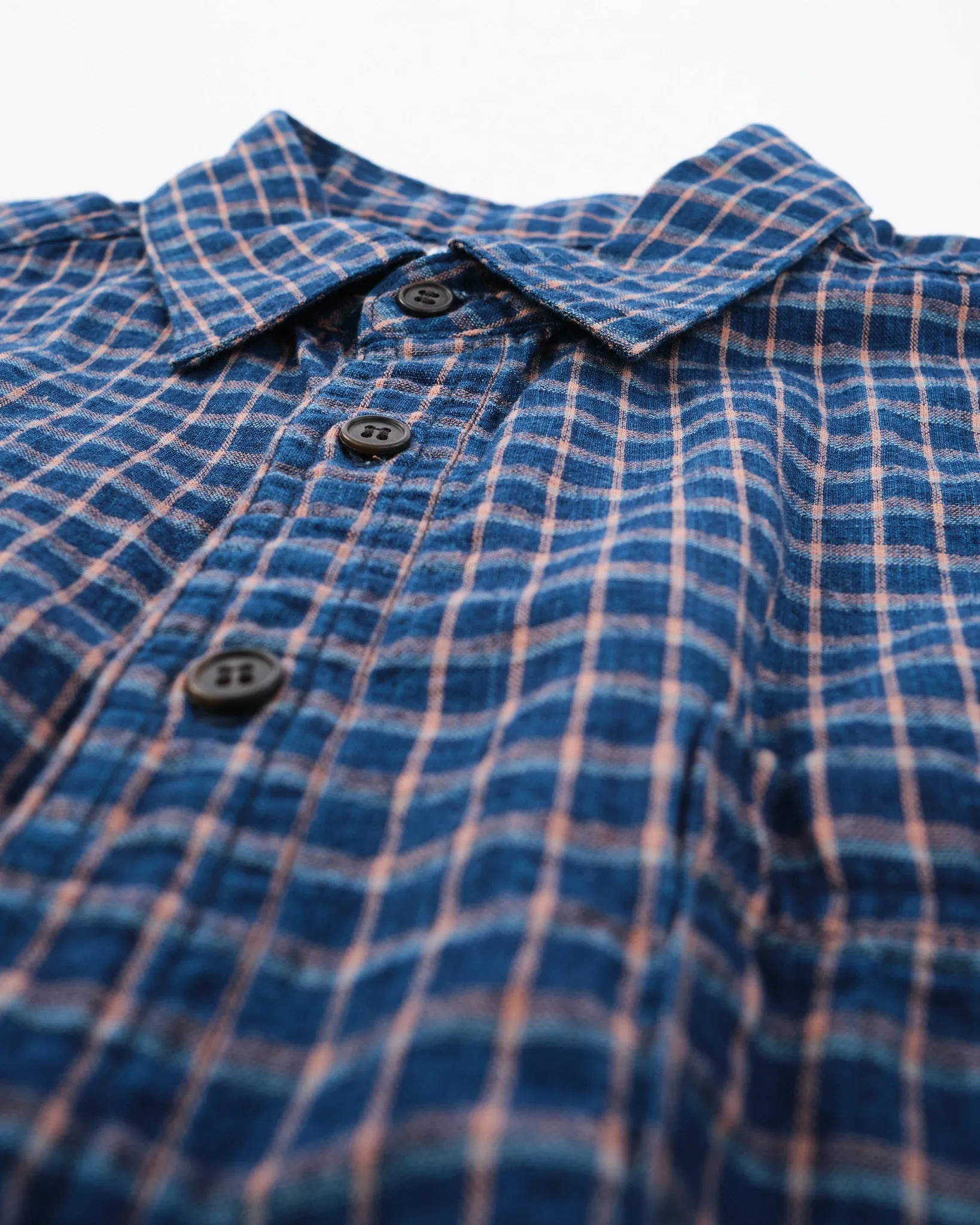 COTTON LINEN LOOSE FIT SHORT SLEEVE SHIRT INDIGO CHECK