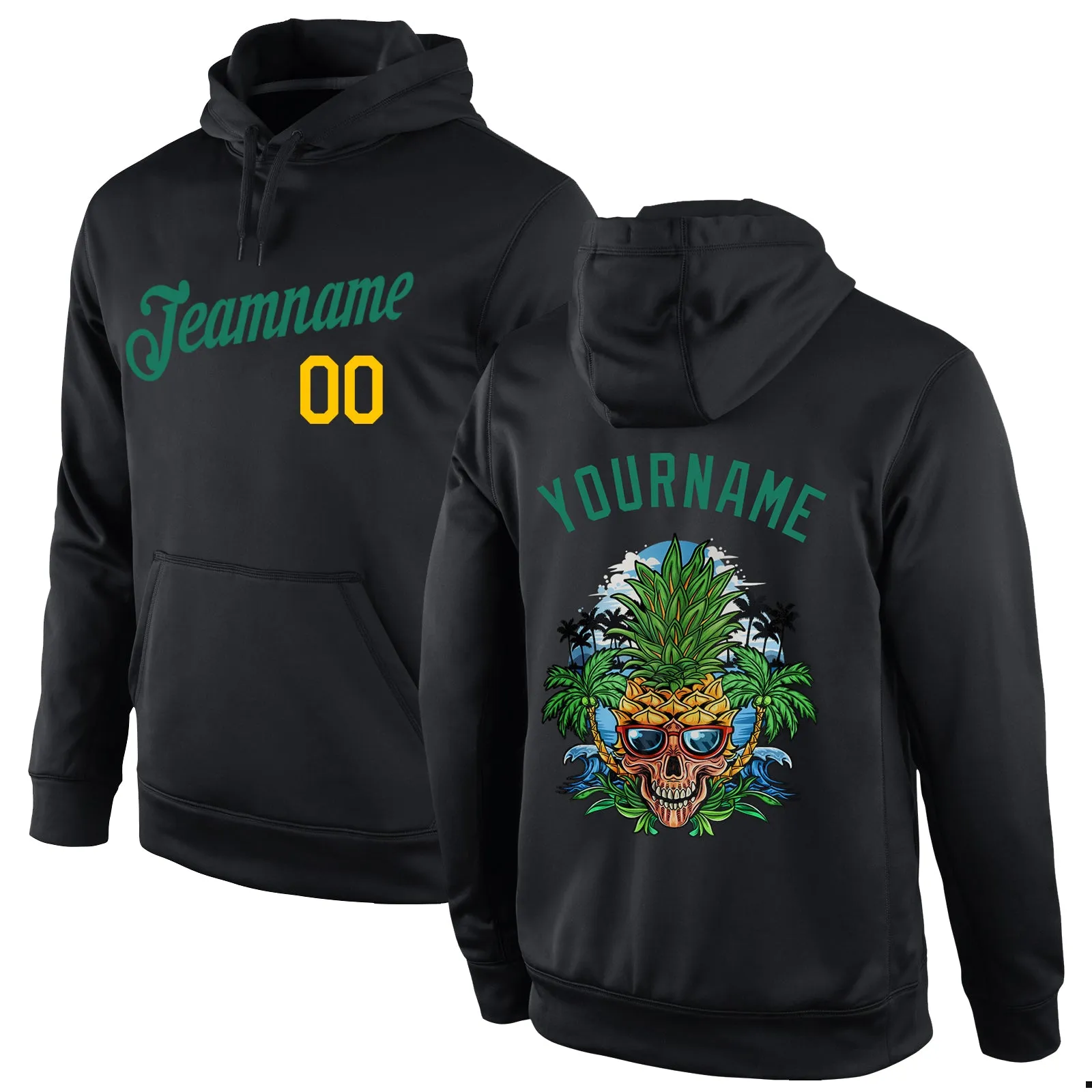 Custom Stitched Black Kelly Green-Gold 3D Skull Pineapple Head Sports Pullover Sweatshirt Hoodie