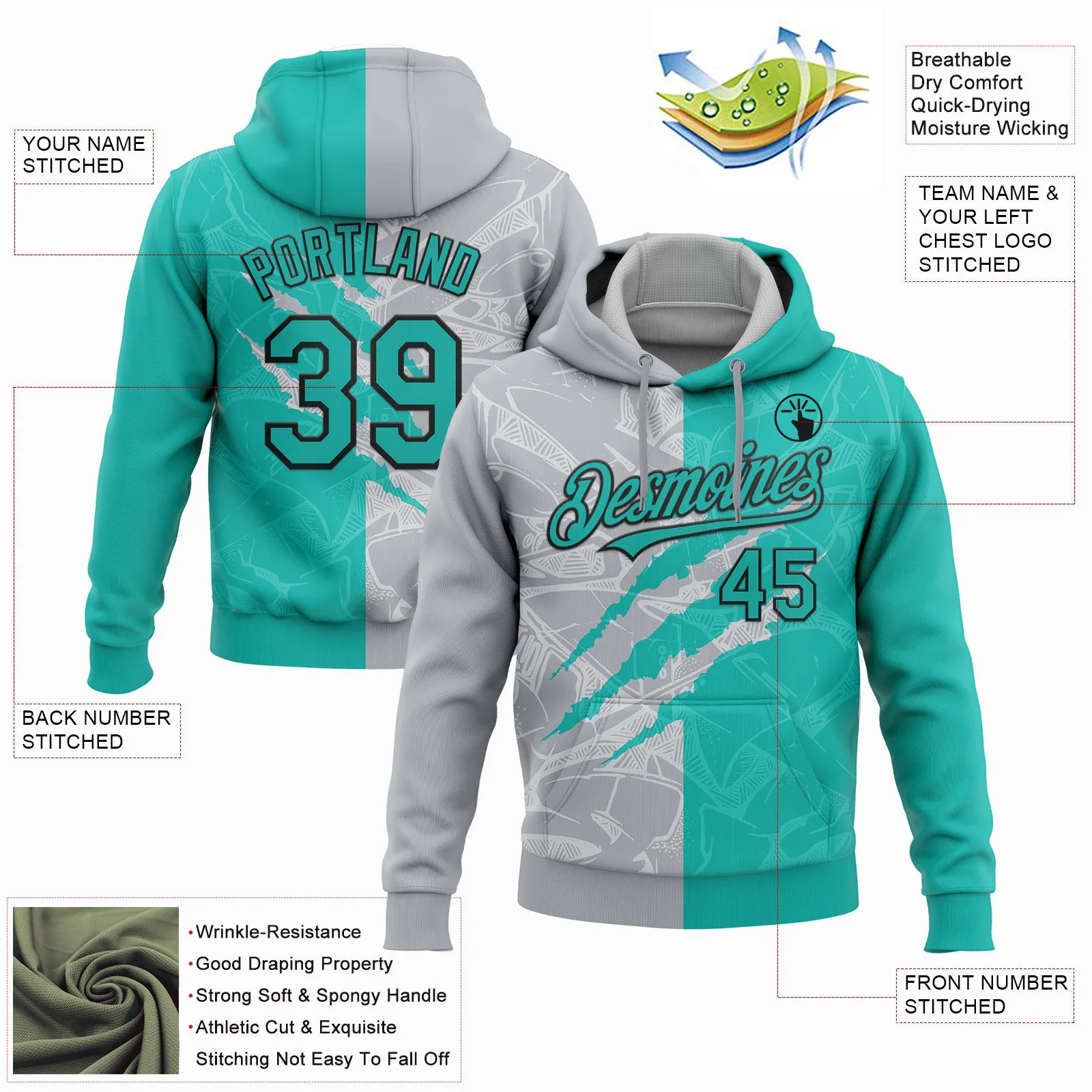 Custom Stitched Graffiti Pattern Aqua Gray-Black 3D Scratch Sports Pullover Sweatshirt Hoodie