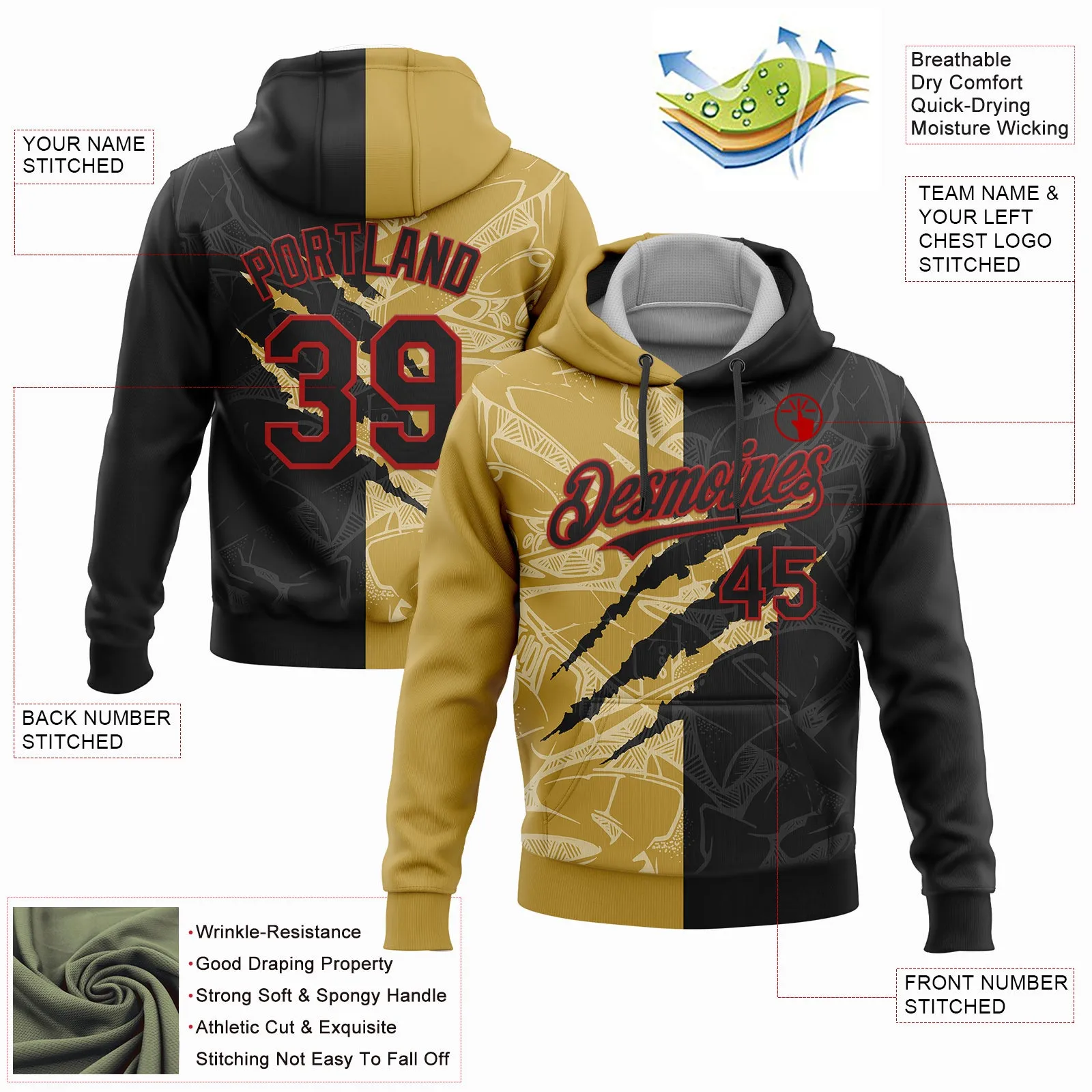 Custom Stitched Graffiti Pattern Black Old Gold-Red 3D Scratch Sports Pullover Sweatshirt Hoodie