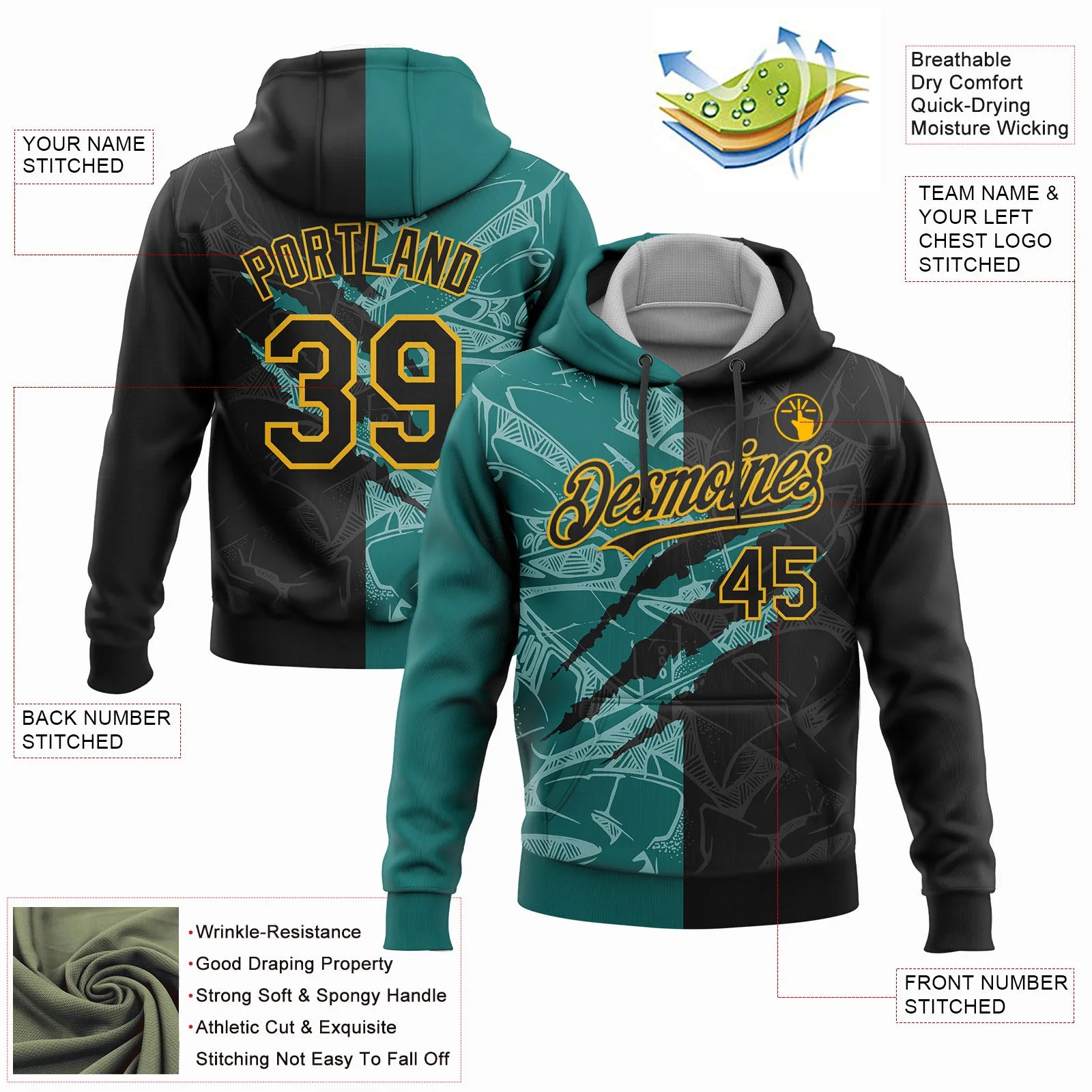 Custom Stitched Graffiti Pattern Black Teal-Gold 3D Scratch Sports Pullover Sweatshirt Hoodie