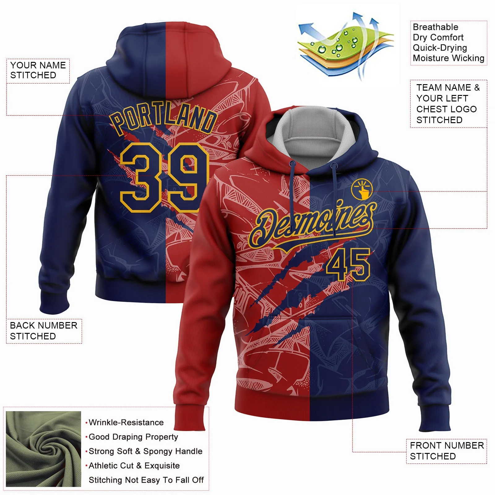 Custom Stitched Graffiti Pattern Navy Red-Gold 3D Scratch Sports Pullover Sweatshirt Hoodie