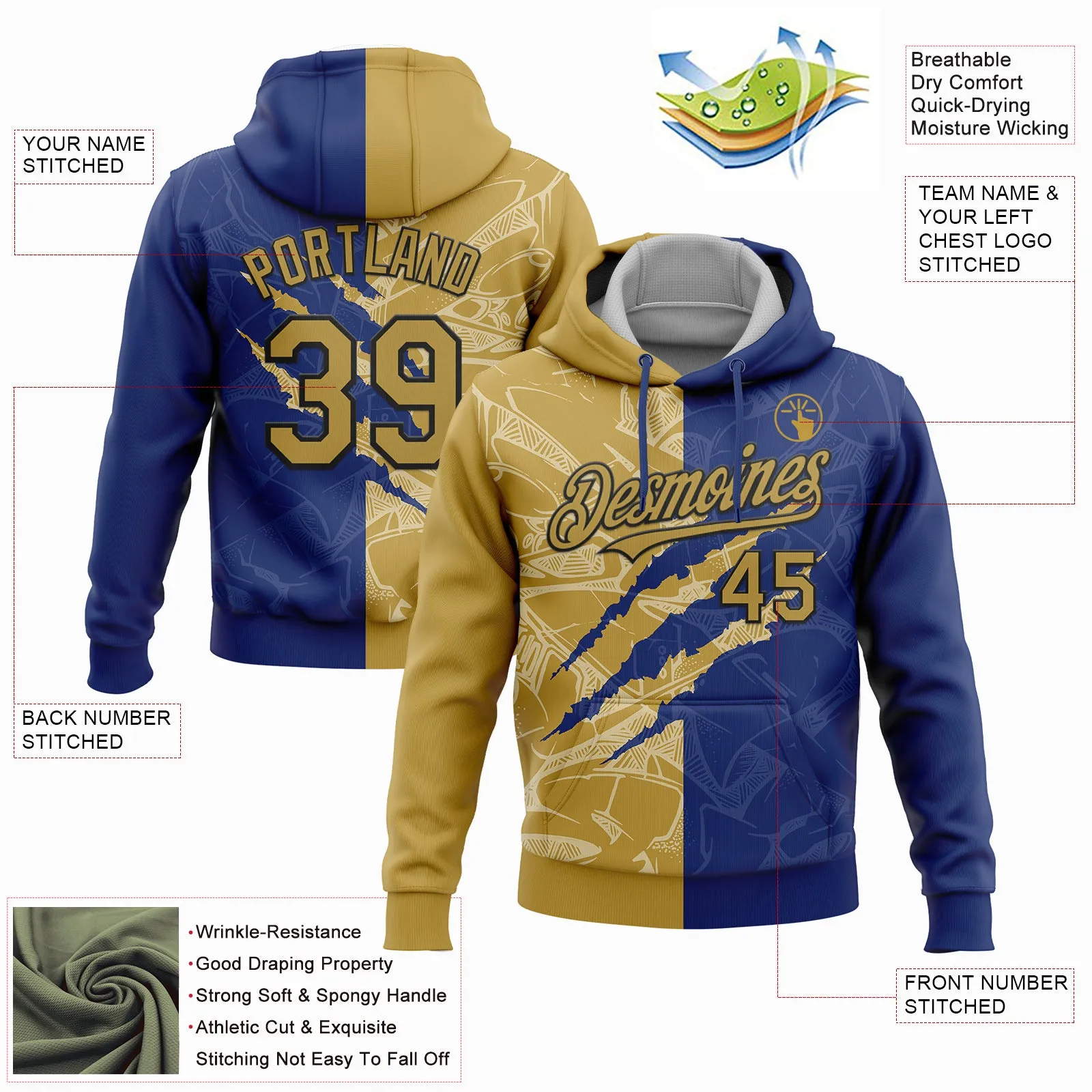 Custom Stitched Graffiti Pattern Old Gold Royal-Black 3D Scratch Sports Pullover Sweatshirt Hoodie