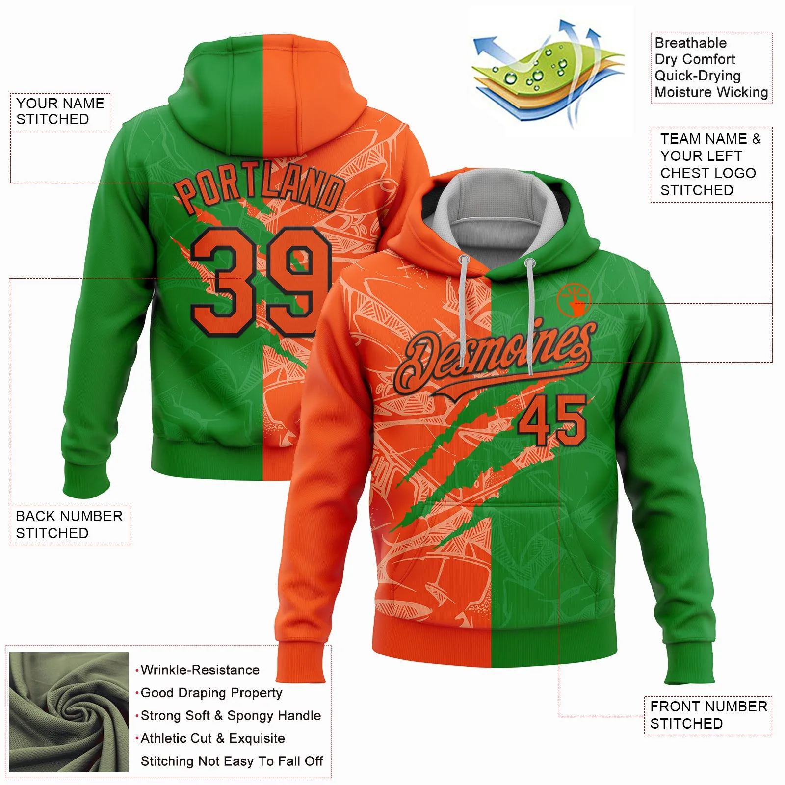 Custom Stitched Graffiti Pattern Orange Grass Green-Black 3D Scratch Sports Pullover Sweatshirt Hoodie