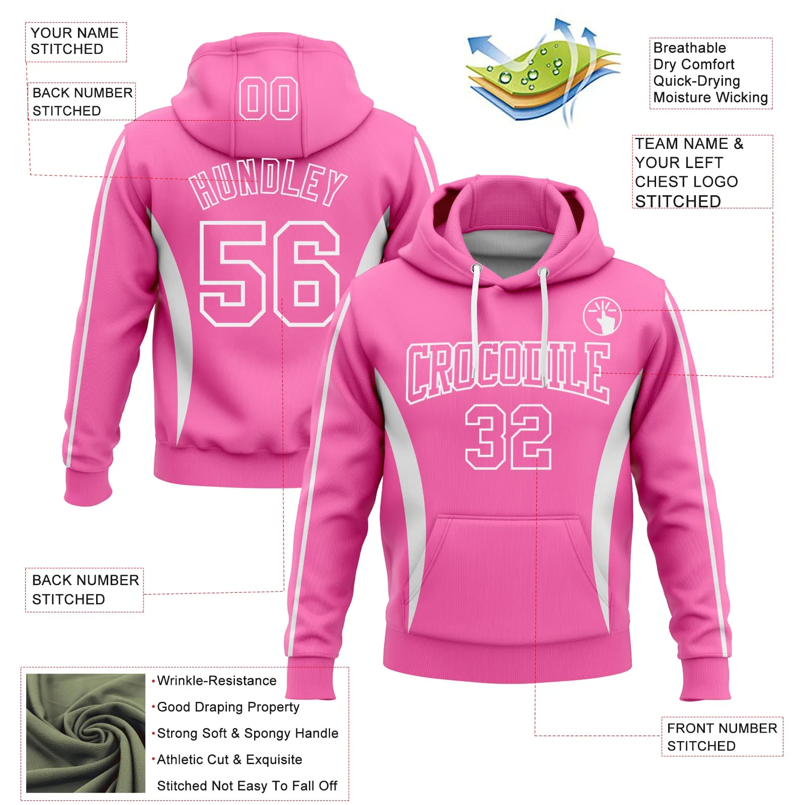 Custom Stitched Pink White 3D Pattern Design Color Blocking Stripe Sports Pullover Sweatshirt Hoodie