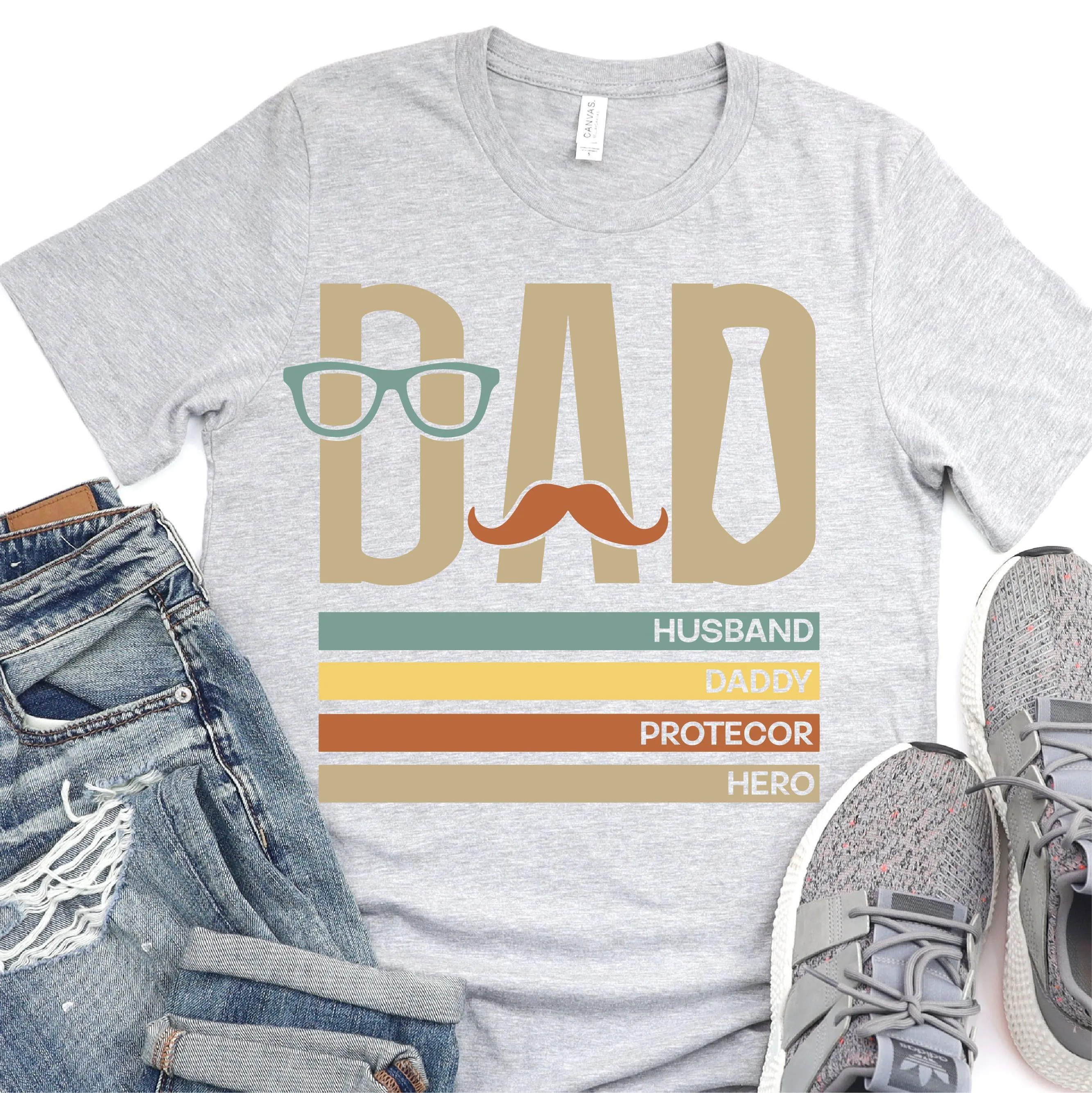 Dad, Husband, Father, Protector, Hero - Tie Mustache Glasses - Father's Day Graphic T-Shirt -  T-shirt T-Shirt For Dad