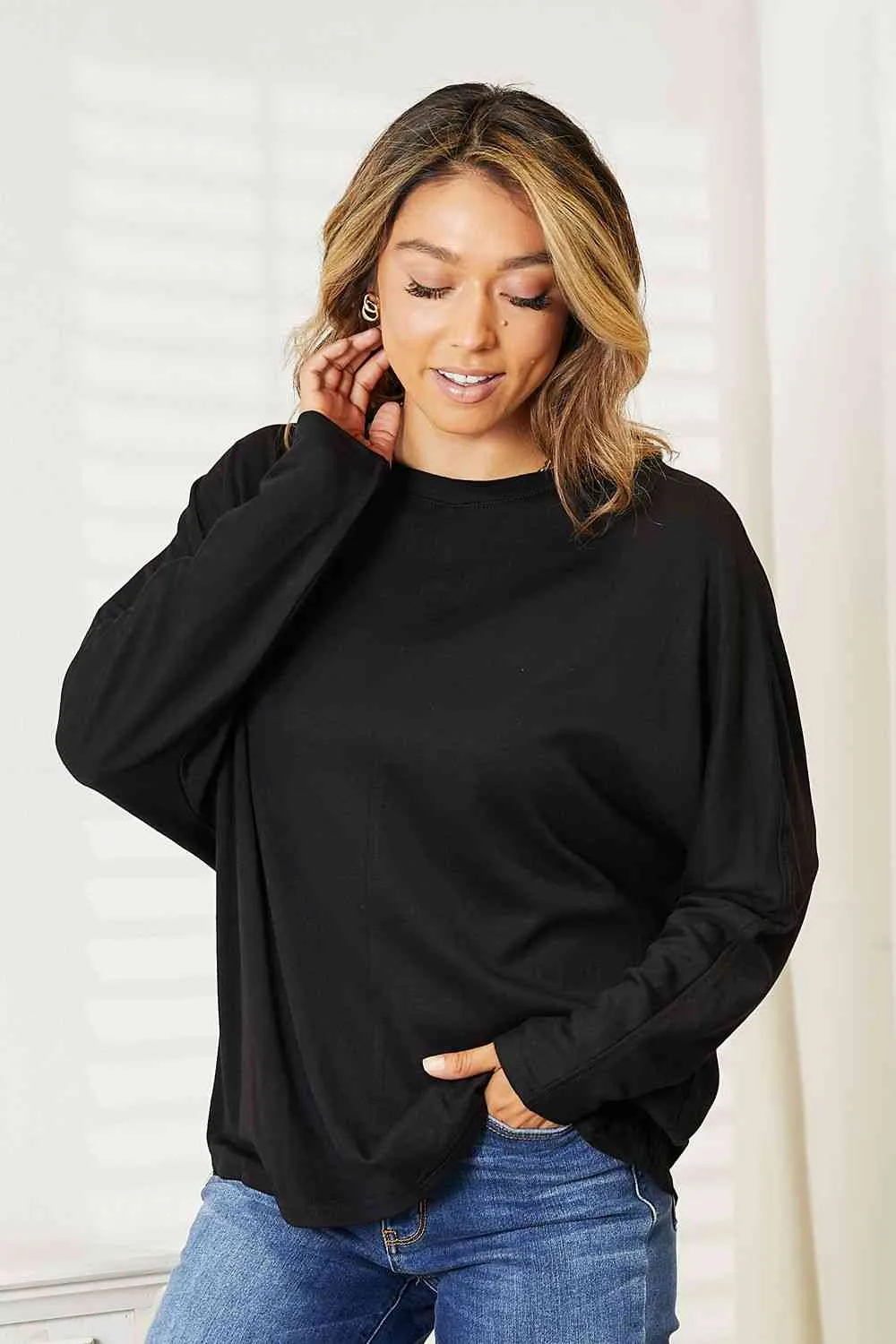 Double Take Seam Detail Round Neck Long Sleeve Top