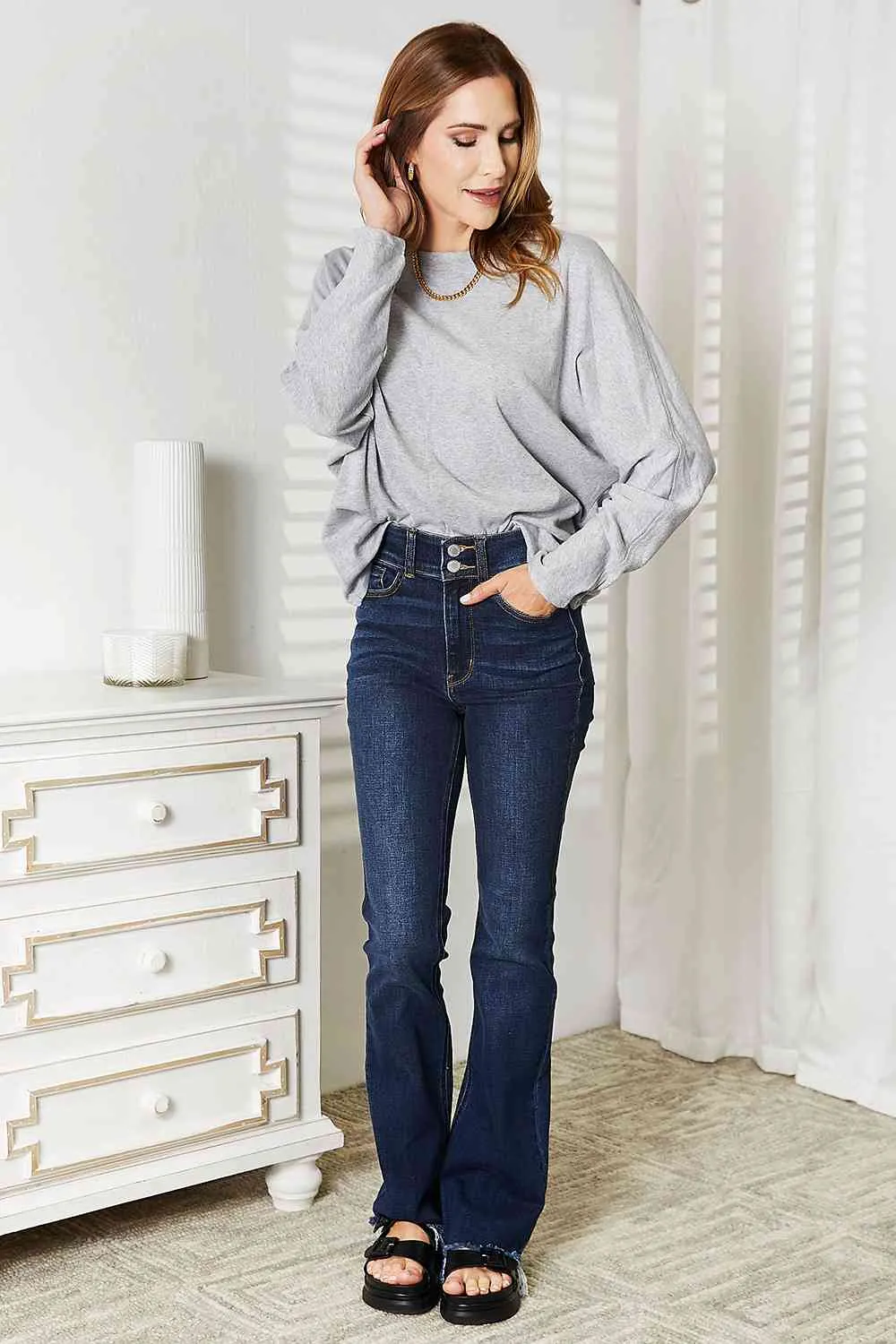 Double Take Seam Detail Round Neck Long Sleeve Top