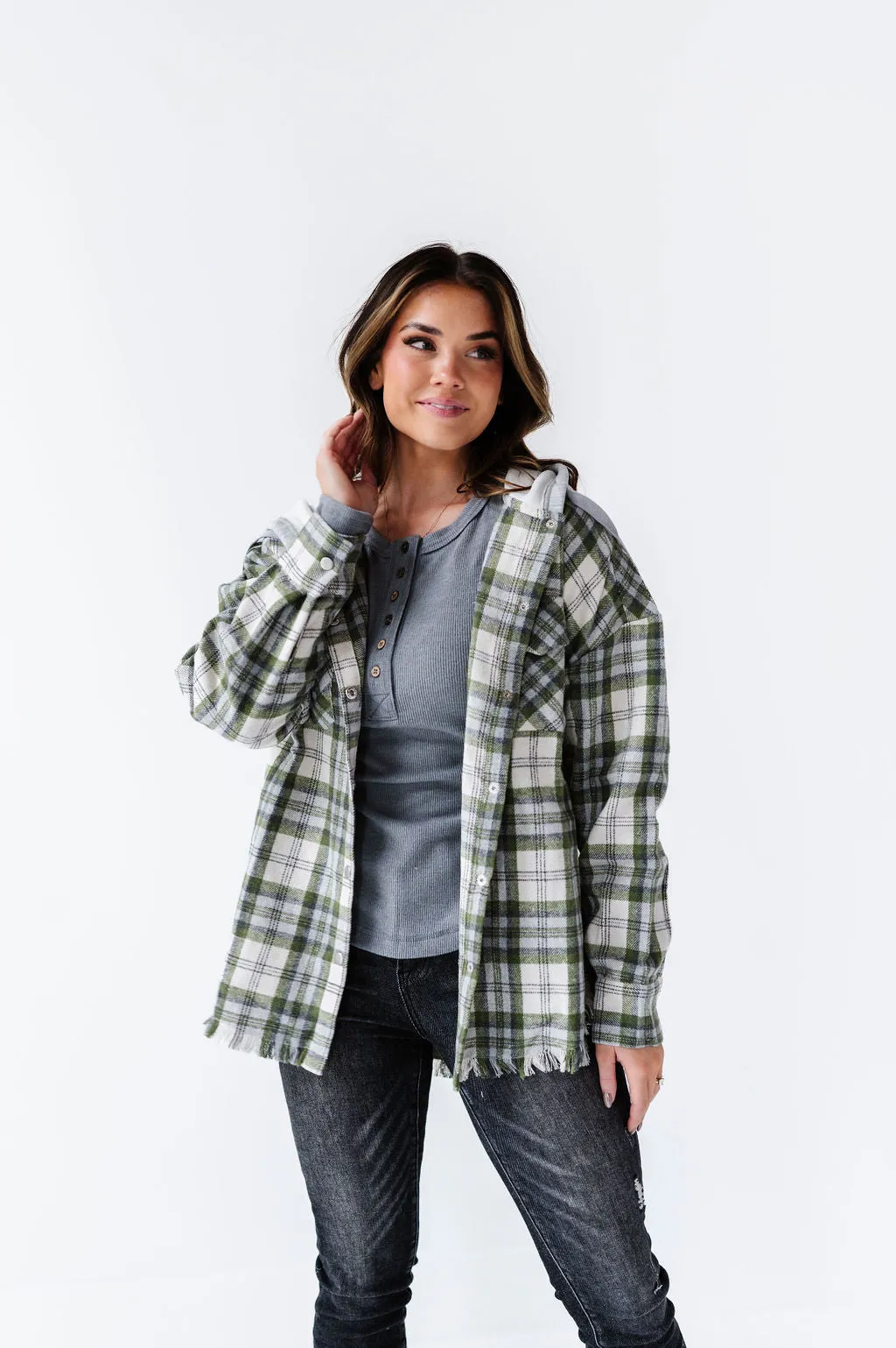 Dove Plaid Shacket in Olive - Size M Left