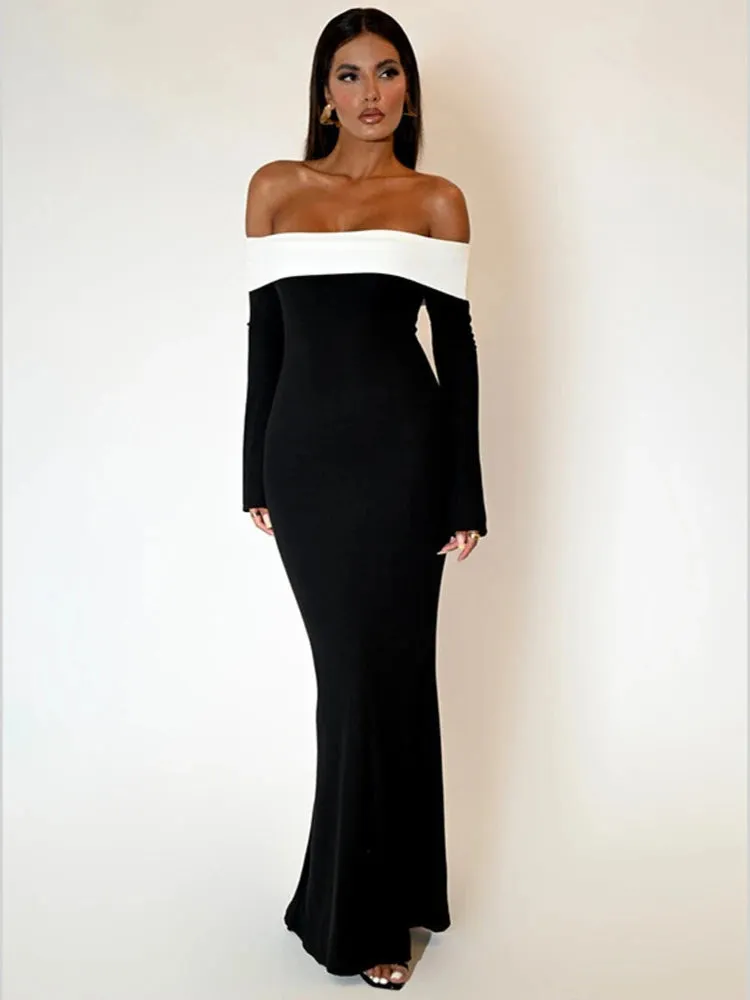 DressBetty - 2024 Contrast Color Off-shoulder Backless Maxi Dress