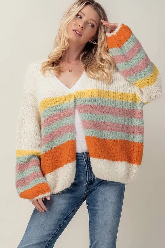 Fashion Week - SOFT KNIT STRIPED OVERSIZED BISHOP SLEEVE CARDIGAN